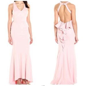 Revolve Xscape Pink Maxi Ponte Ruffle Back V Neck front dress
